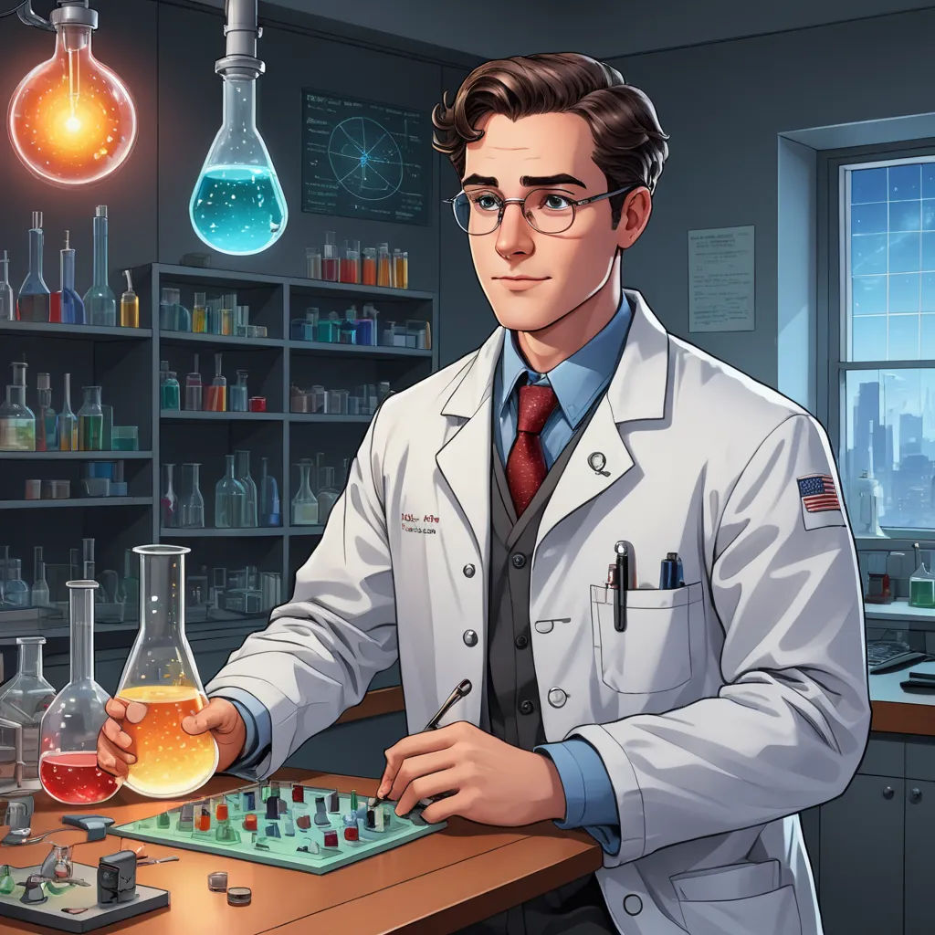 a man in a lab coat holding a beakle and a beakle filled with liquid in front of a lab, remodernism, a character portrait, Andrew Stevovich, key art
