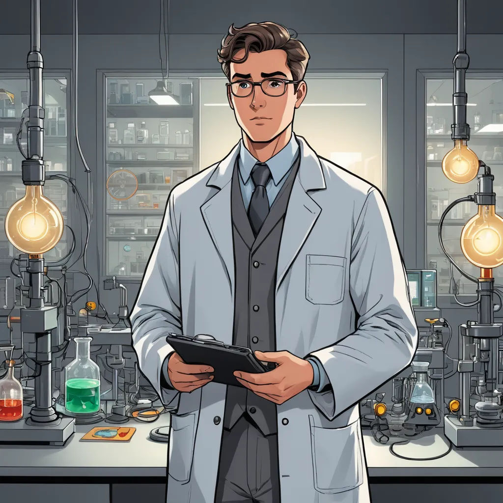 a man in a lab coat holding a tablet in front of a table with many lights and beakers, academic art, a character portrait, Cedric Seaut (Keos Masons), character portrait