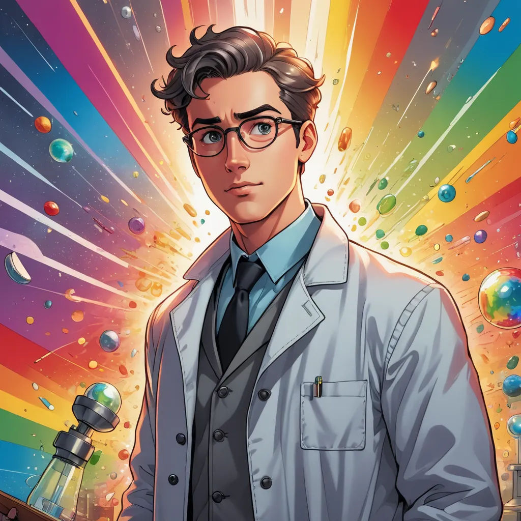 a man in a suit and tie standing in front of a colorful background with bubbles and bubbles in the air, sots art, a comic book panel, Everett Warner, rossdraws global illumination
