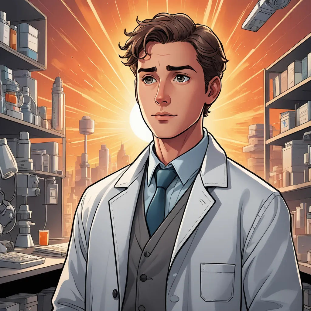a man in a lab coat standing in front of a shelf of shelves with shelves of books and a microscope, sots art, a comic book panel, Cedric Seaut (Keos Masons), kinkade