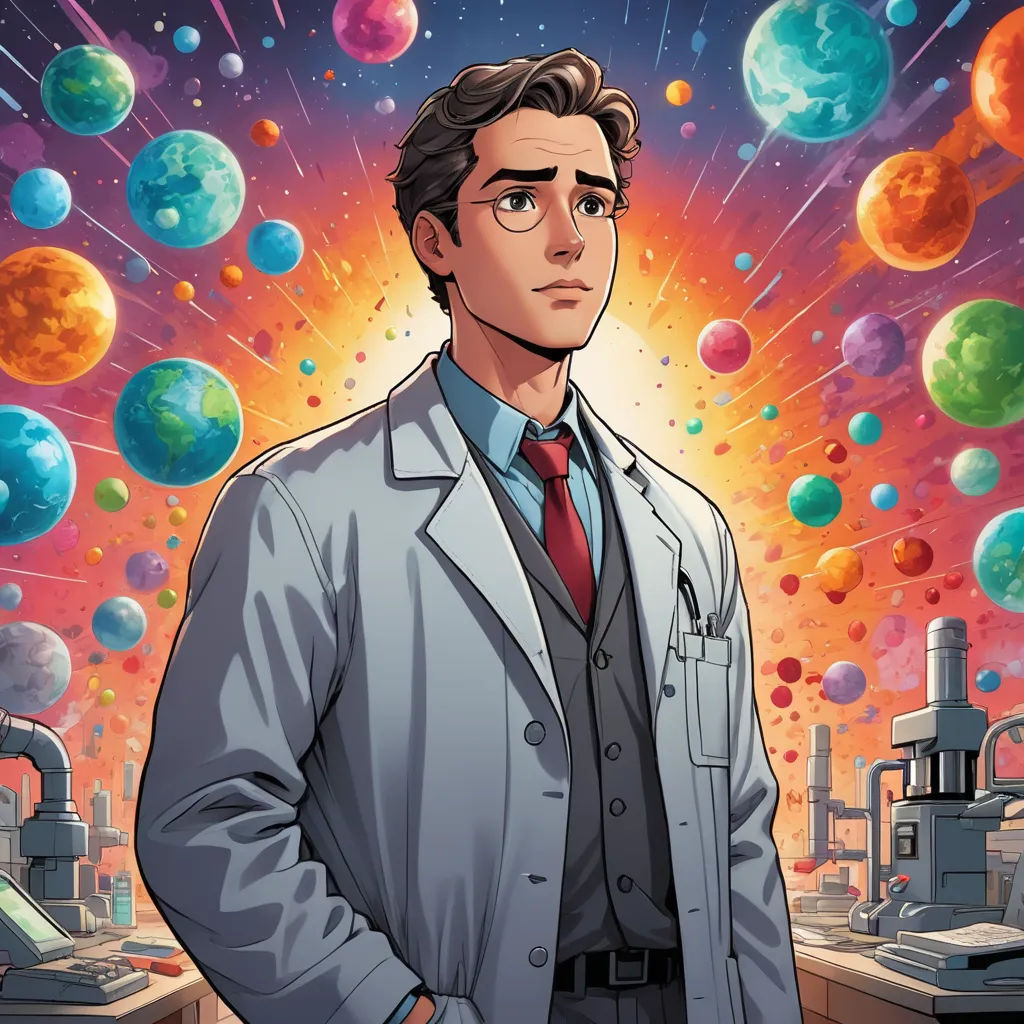 a man in a suit and tie standing in front of a space filled with bubbles and planets, with a city in the background, rayonism, a comic book panel, Everett Warner, yukito kishiro
