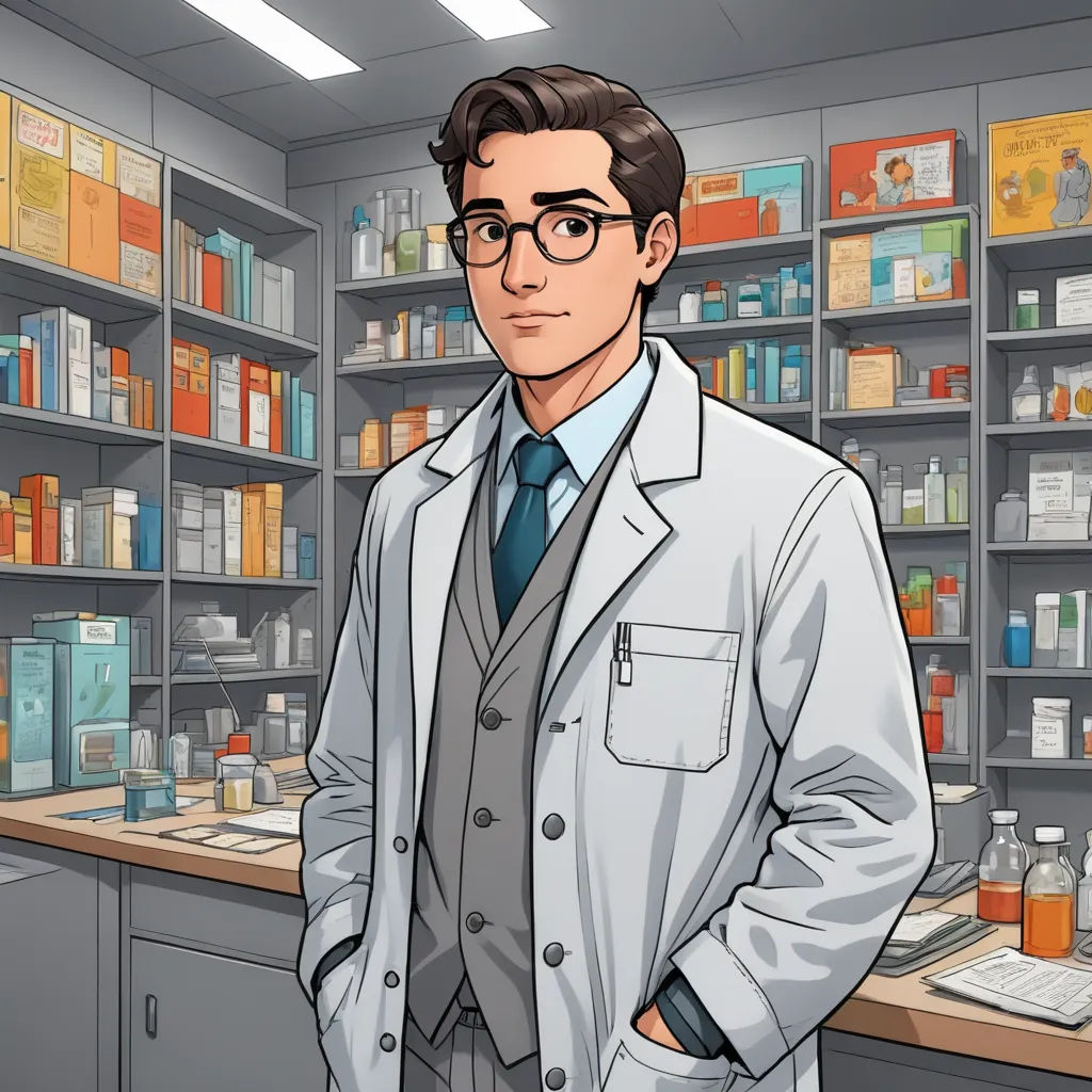 a man in a lab coat standing in front of a shelf of medicine bottles and medicine bottles in a pharmacy, remodernism, a character portrait, Cedric Seaut (Keos Masons), character portrait