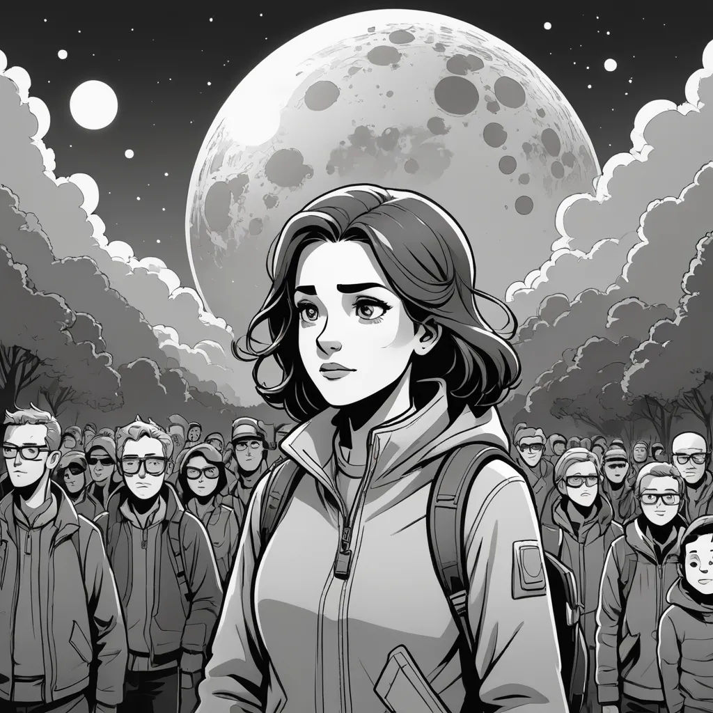 a woman standing in front of a crowd of people with a full moon in the background of the image, serial art, a manga drawing, Atey Ghailan, comic cover art