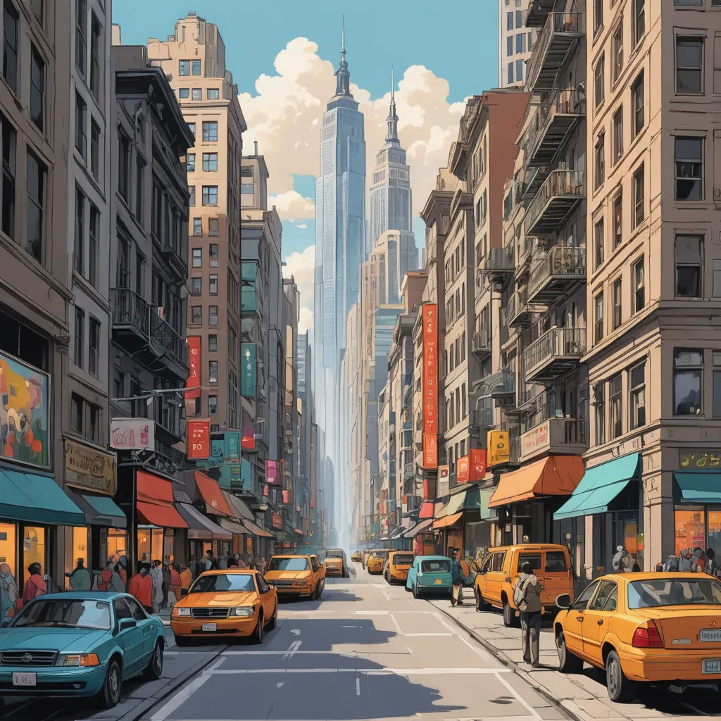 a painting of a city street with cars and buildings in the background and a tall skyscraper in the distance, american scene painting, a detailed matte painting, Dan Mumford, city background
