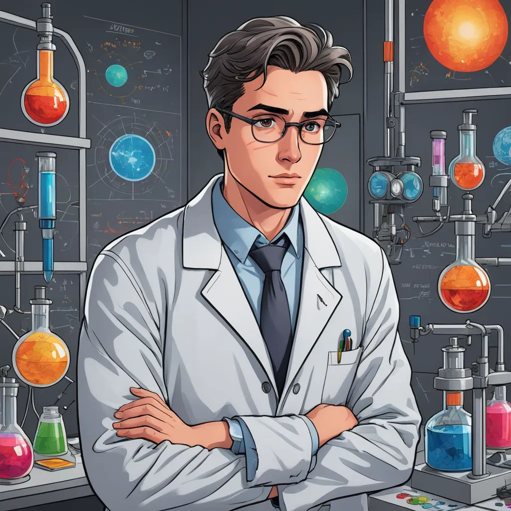 a man in a lab coat standing in front of a shelf with a lot of glassware and a lot of orange balls, remodernism, a character portrait, Cedric Seaut (Keos Masons), official art