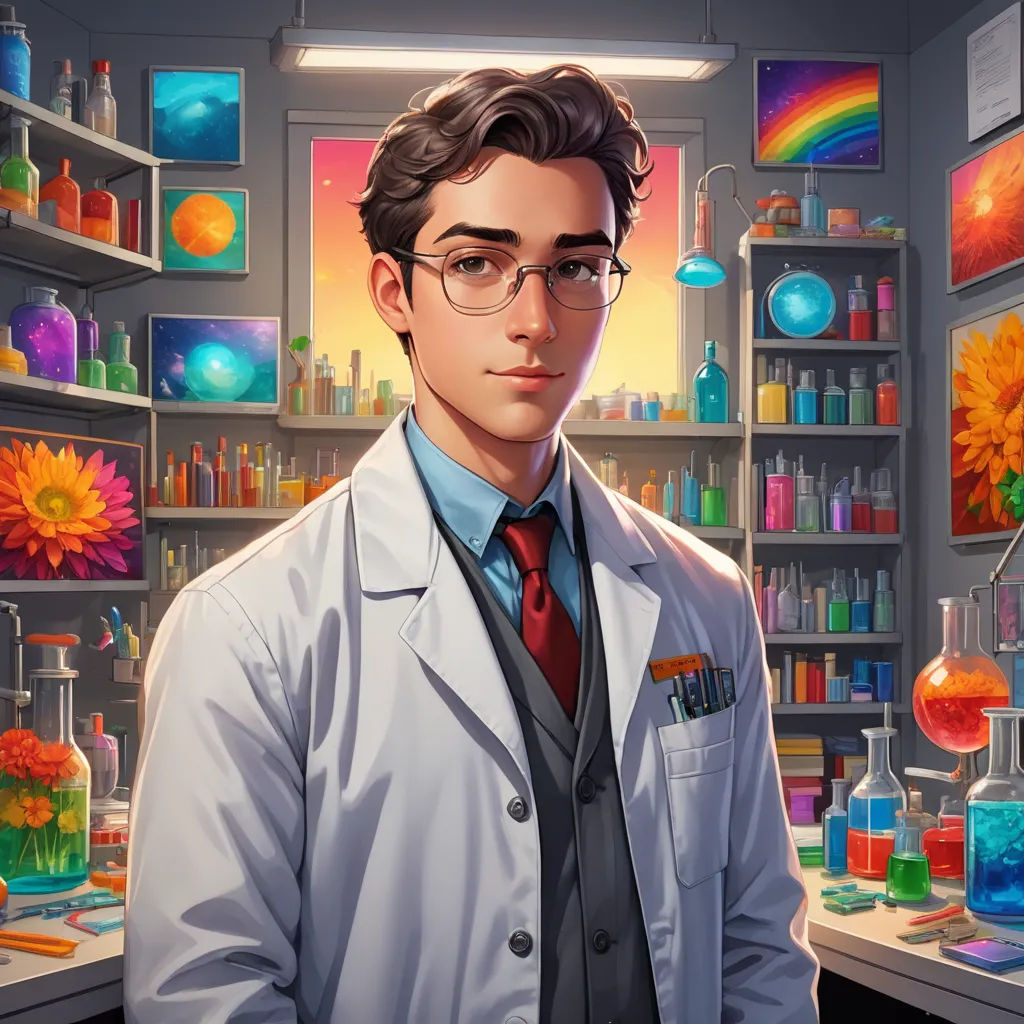 a man in a lab coat and tie standing in front of a shelf filled with flasks and bottles, sots art, a character portrait, Cedric Seaut (Keos Masons), rossdraws global illumination
