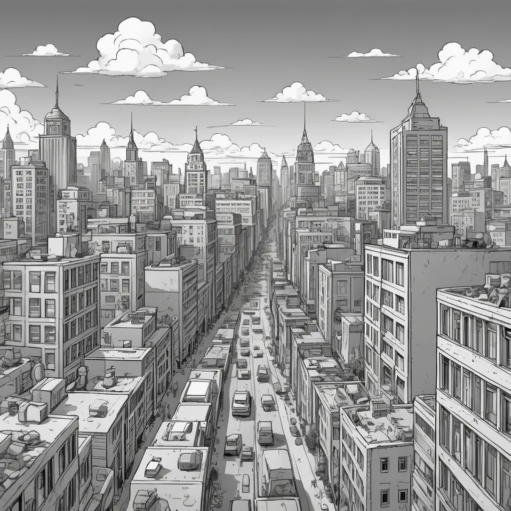a black and white drawing of a city street with cars and buildings on it, with clouds in the sky, underground comix, a detailed matte painting, Asaf Hanuka, city background