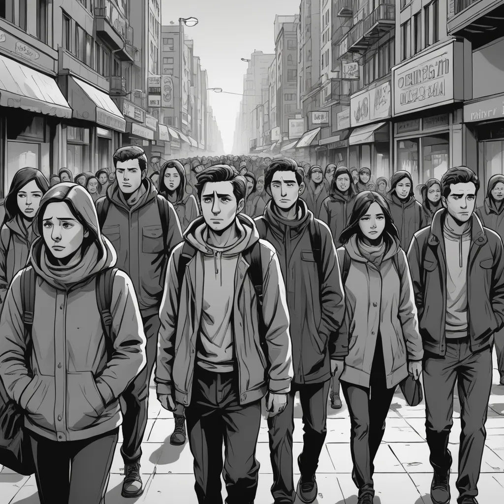 a group of people walking down a street next to tall buildings and tall buildings with people walking down the street, les automatistes, a black and white photo, Asaf Hanuka, dystopian art