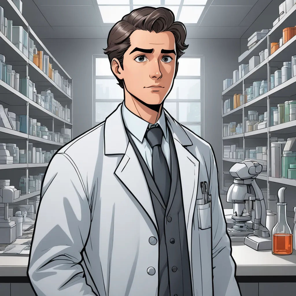 a man in a lab coat standing in a laboratory with a microscope and a beakle on his shoulder, sots art, a character portrait, Cedric Seaut (Keos Masons), character portrait