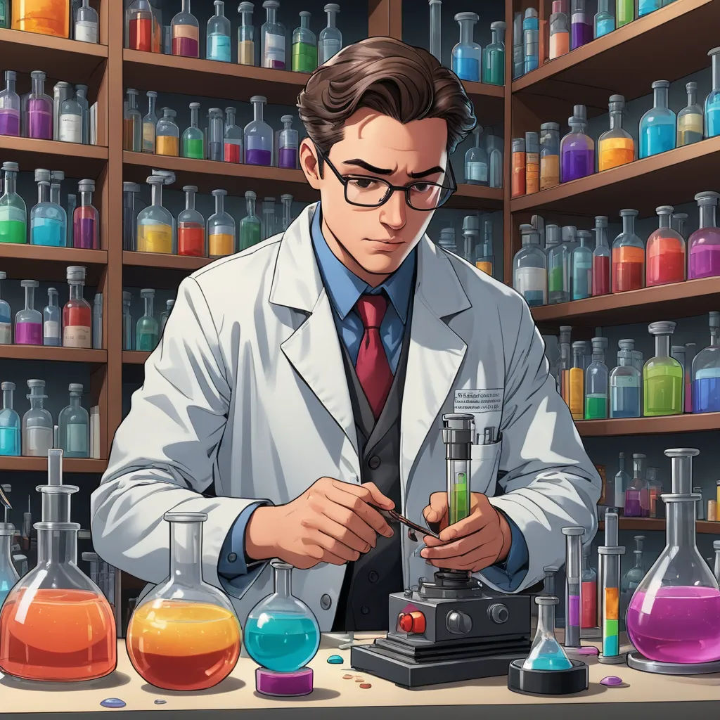 a man in a lab coat is looking at a beakle with a liquid inside of it and a lot of bottles behind him, remodernism, a stock photo, Cedric Seaut (Keos Masons), official art