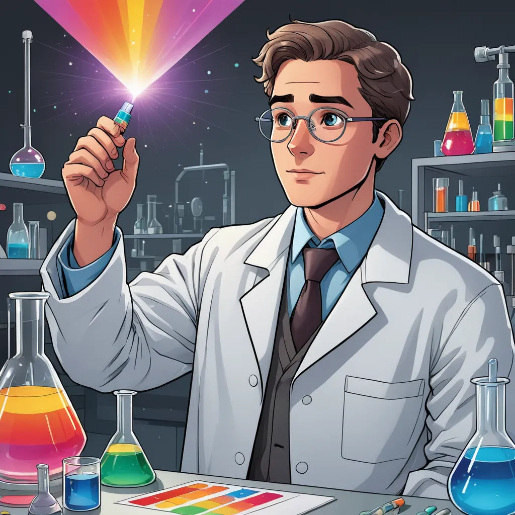 a man in a lab coat holding a flask of liquid in front of a table with test tubes and flasks, sots art, a comic book panel, Cedric Seaut (Keos Masons), game art