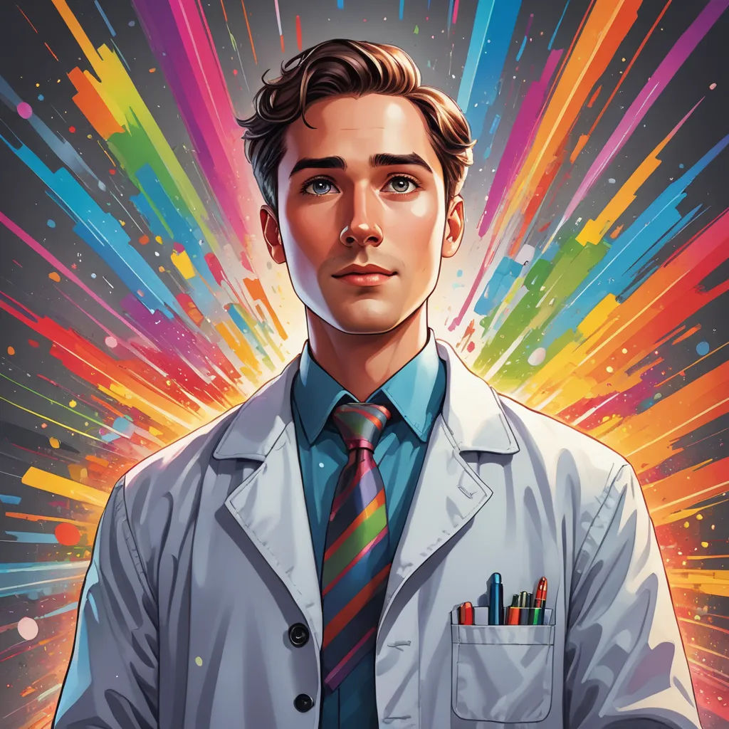 a man in a lab coat and tie with a colorful background behind him and a pencil in his pocket, neo-fauvism, a character portrait, Dr. Atl, rossdraws global illumination