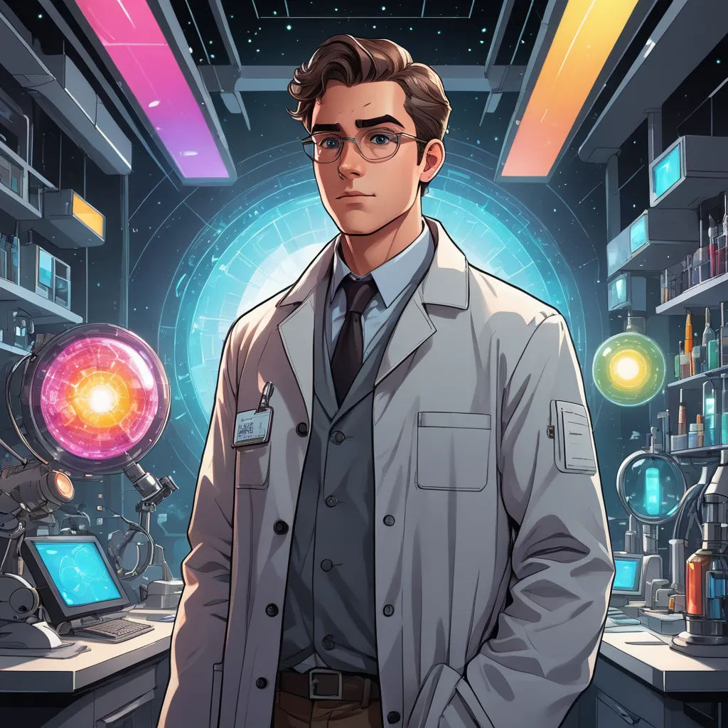 a man in a lab coat standing in front of a computer screen and a laptop computer on a desk, rayonism, a character portrait, Cedric Seaut (Keos Masons), rossdraws global illumination