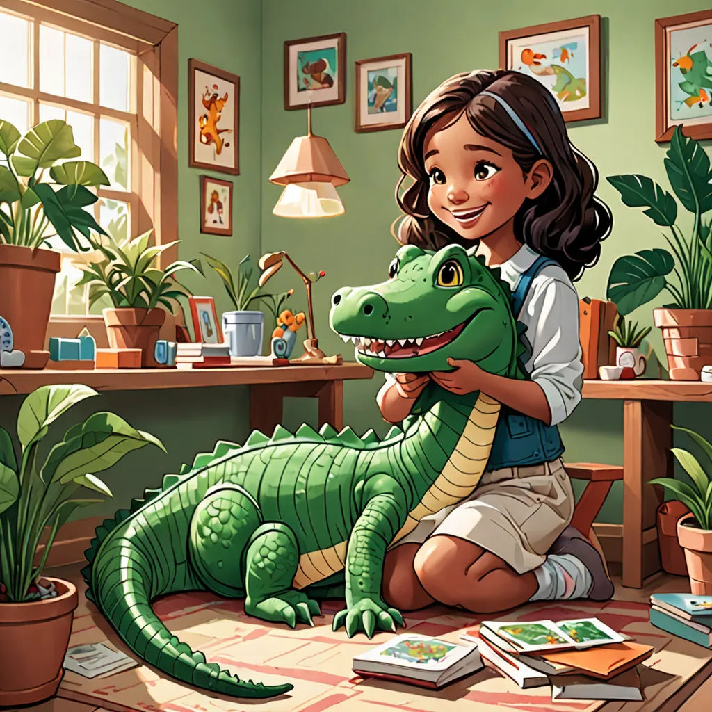 a girl is holding a large alligator in a room with plants and potted plants on the floor and a potted plant on the wall, american scene painting, a storybook illustration, Chris LaBrooy, storybook illustration