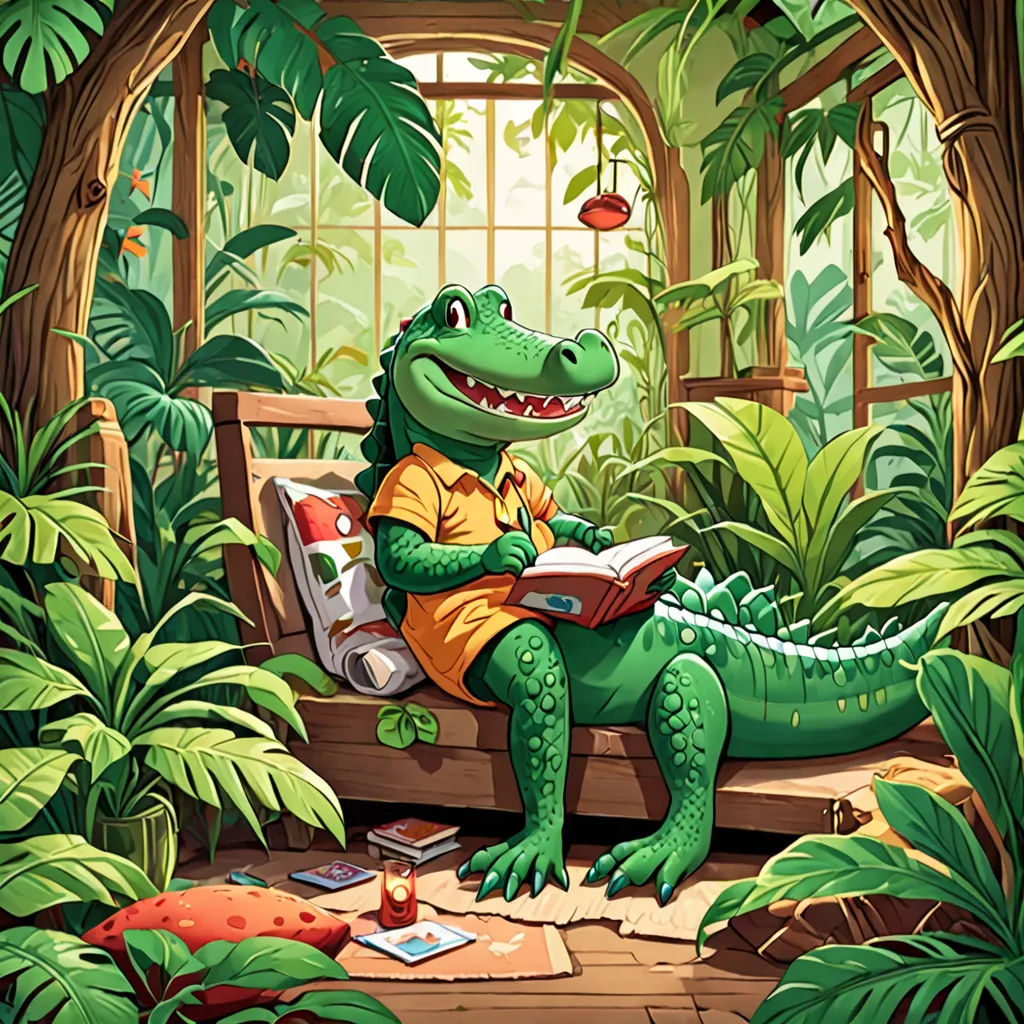 a green alligator sitting on a bench reading a book in a jungle setting with a window and a bird, furry art, a storybook illustration, Chris LaBrooy, storybook illustration