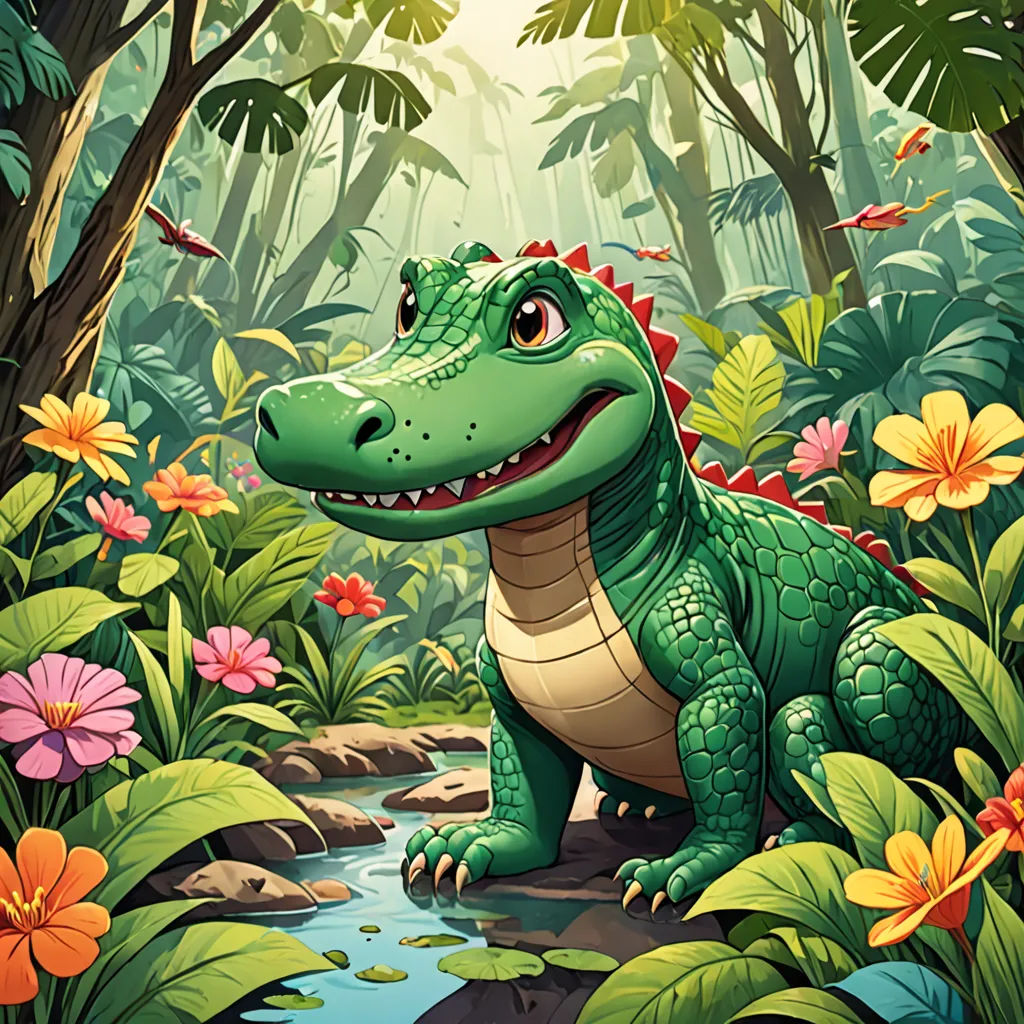 a green dinosaur in a jungle with flowers and plants around it and a stream running through the jungle with flowers and plants around it, lyco art, a storybook illustration, Chris LaBrooy, storybook illustration