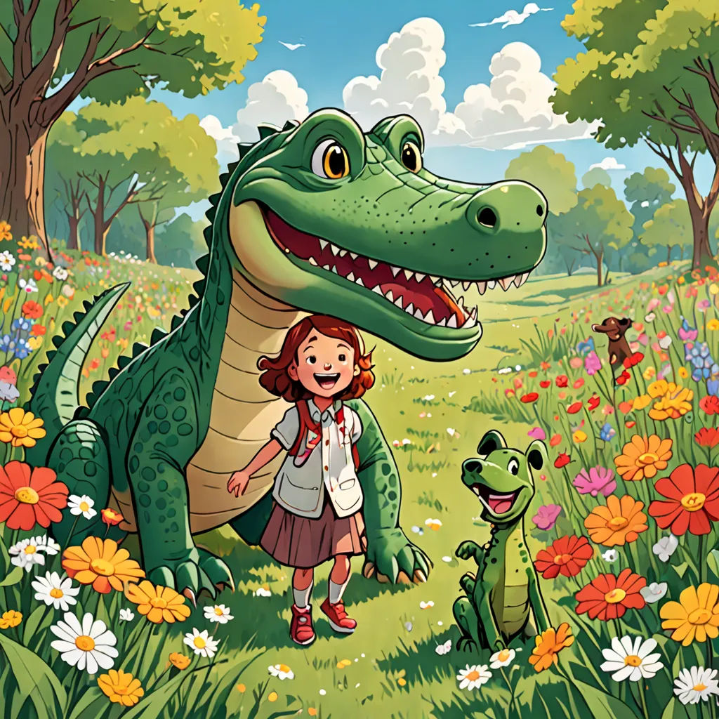 a girl and a dinosaur in a field of flowers and daisies with a girl standing next to them, serial art, a storybook illustration, Diego Gisbert Llorens, storybook illustration