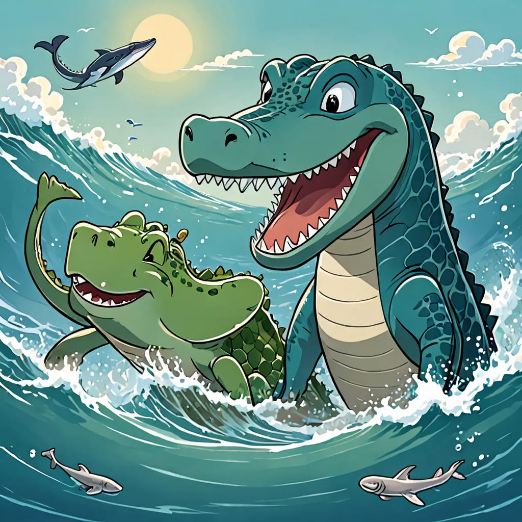 a cartoon of a crocodile and a crocodile swimming in the ocean together with a shark and a shark shark, sots art, a storybook illustration, Diego Gisbert Llorens, storybook illustration