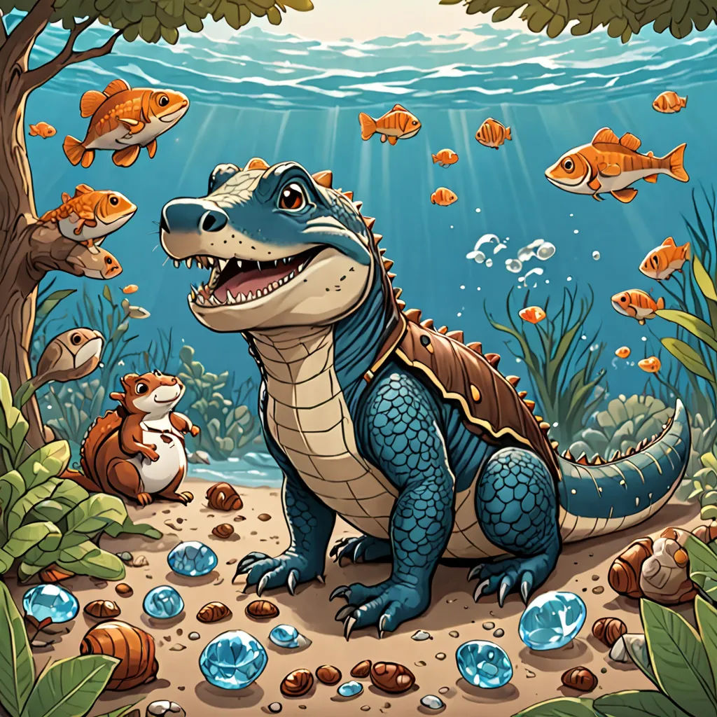 a cartoon alligator is sitting under a tree and surrounded by fish and plants and rocks and water with a sunbeam, sots art, a storybook illustration, Chris LaBrooy, storybook illustration