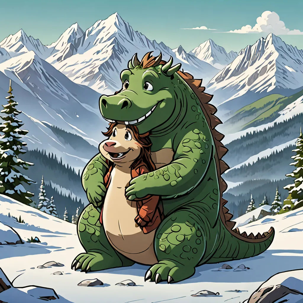 a cartoon of a dinosaur hugging a smaller dinosaur in the snow with mountains in the background and snow - capped mountains in the foreground, furry art, a storybook illustration, Diego Gisbert Llorens, official art
