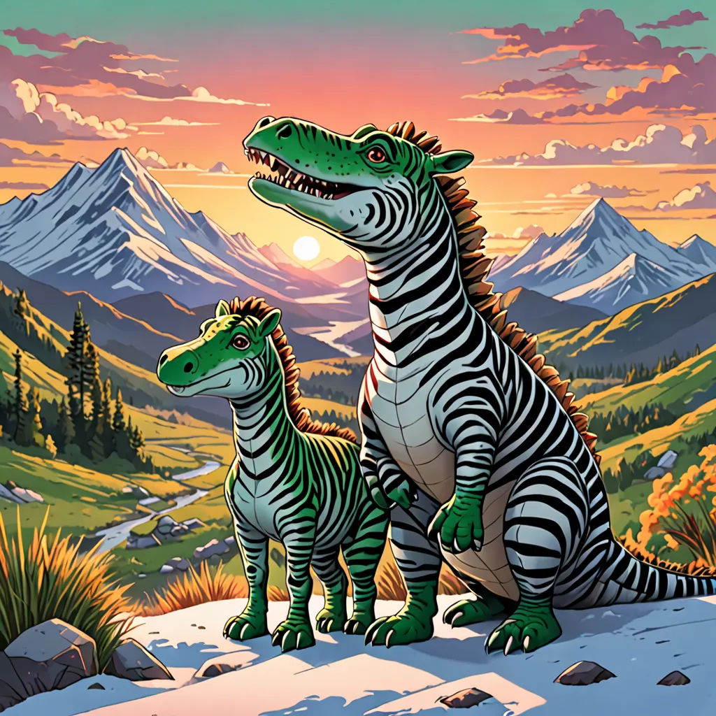 a couple of zebras standing on top of a mountain under a sunset sky with mountains in the background, furry art, a storybook illustration, Adam Rex, trending on furaffinity