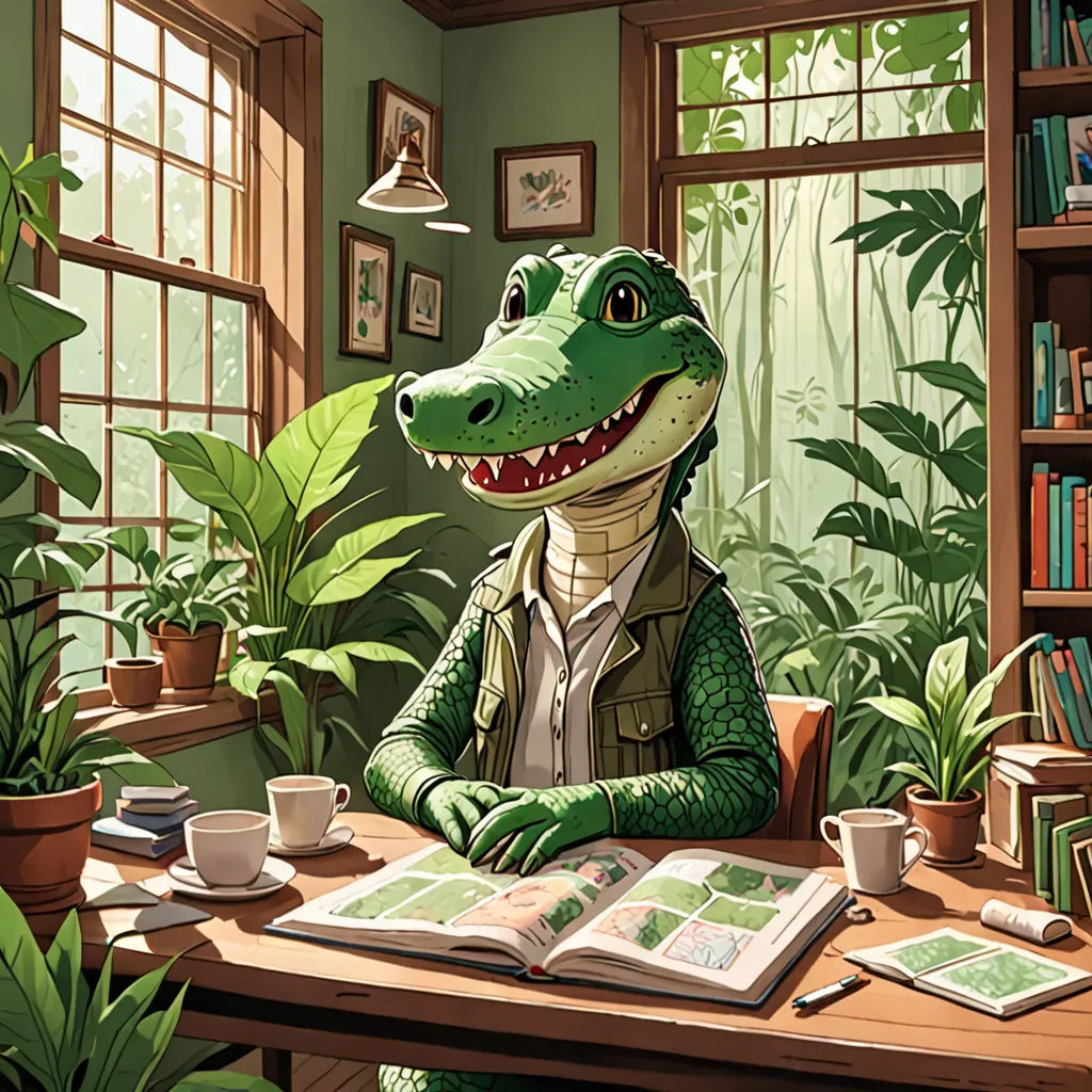 a cartoon alligator sitting at a desk with a book and coffee cup in front of it, with a bookcase in the background, altermodern, a storybook illustration, Chris LaBrooy, rossdraws global illumination