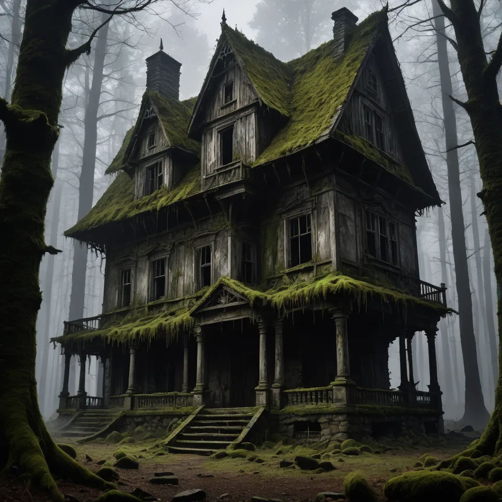 a creepy house with moss growing on the roof and windows in the woods with trees and rocks on the ground, gothic art, a detailed matte painting, Dirk Crabeth, overgrown