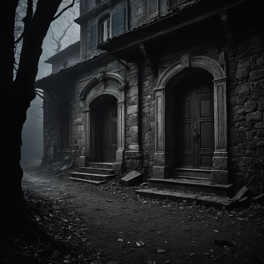 a creepy house with a creepy tree in the background and a creepy tree in the foreground with a creepy looking tree in the foreground, gothic art, a matte painting, Dirk Crabeth, grim yet sparkling atmosphere
