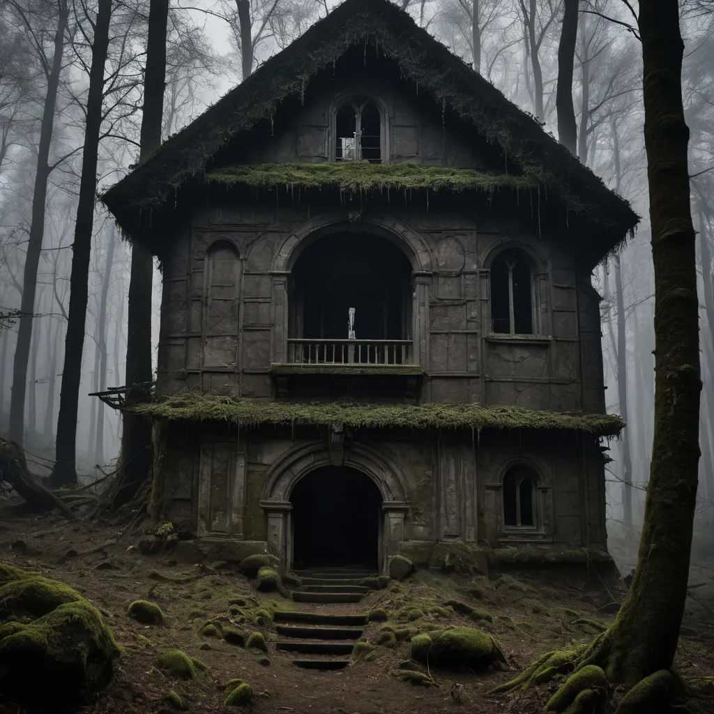a creepy house in the woods with moss growing on the roof and windows and a staircase leading to the upper level, gothic art, a matte painting, Dirk Crabeth, eerie
