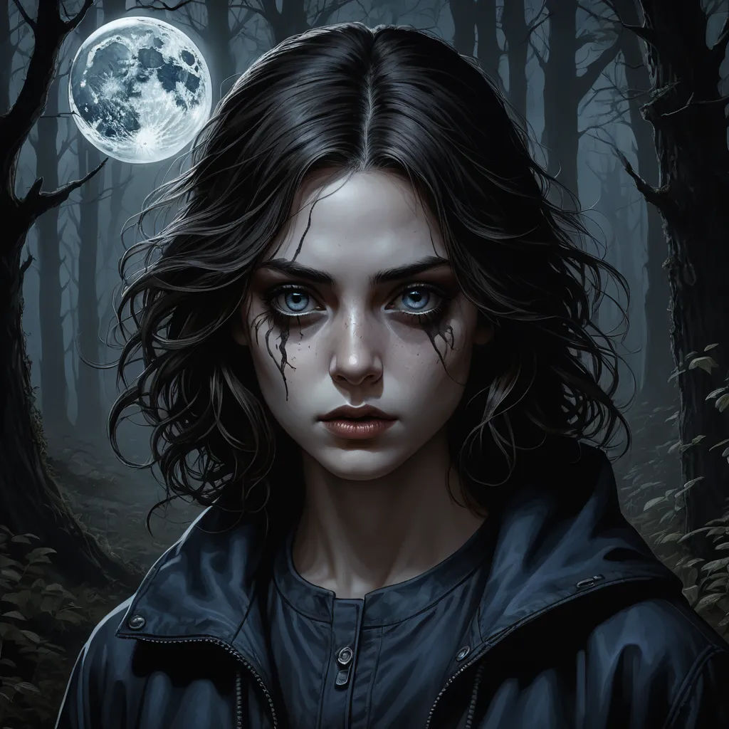 a painting of a girl with blue eyes and a black jacket in a dark forest with a full moon, gothic art, a detailed painting, Charlie Bowater, highly detailed digital painting