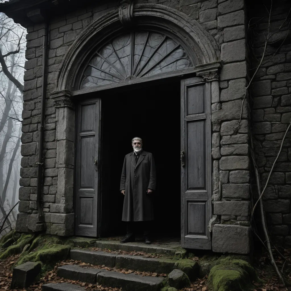 a man standing in a doorway of a building in the woods with moss growing on the steps and steps, international gothic, poster art, Andrei Rublev, promotional image