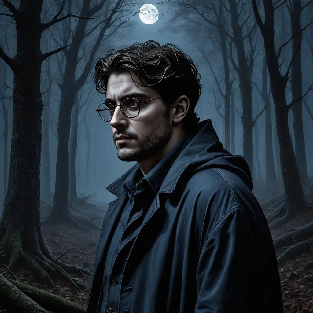 a man in a dark forest with a full moon above him and a full moon above him, with a full moon above him, serial art, a character portrait, Cedric Seaut (Keos Masons), promotional image