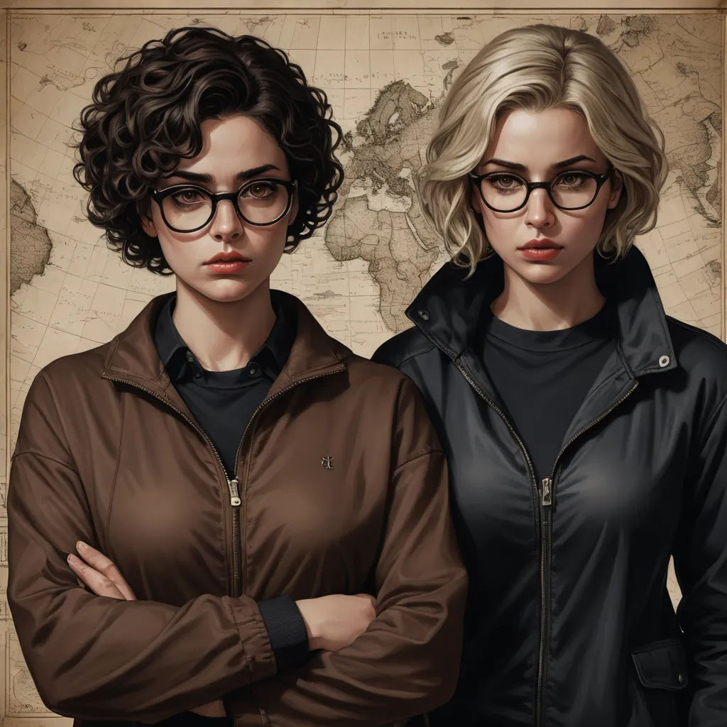 two women standing next to each other in front of a map of the world with glasses on their faces, serial art, a detailed painting, Artgerm, stanley artgerm lau