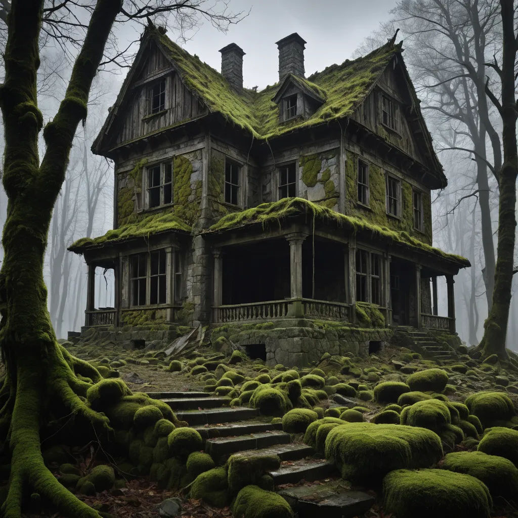 a creepy house with moss growing on the roof and steps leading up to it in the woods with trees, international gothic, a detailed matte painting, Dirk Crabeth, overgrown