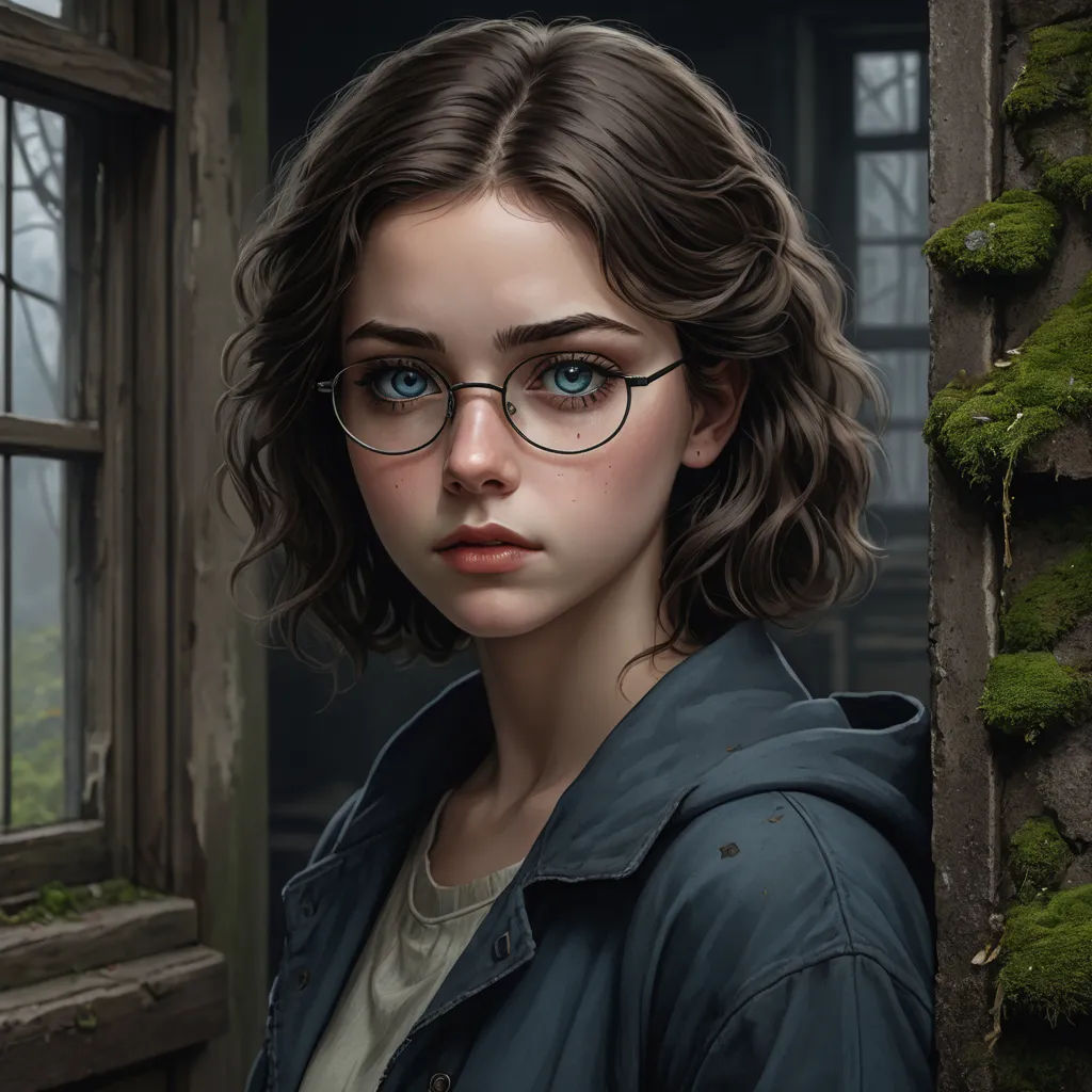 a painting of a woman with glasses looking out a window with moss growing on the wall behind her and a green moss growing on the window sill, fantasy art, a character portrait, Andrea Kowch, trending on art station
