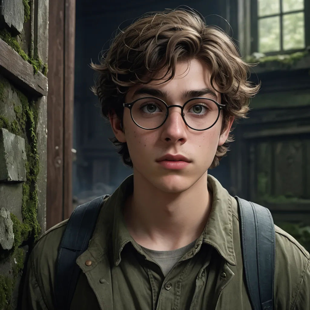 a young man with glasses and a backpack standing in front of a building with moss growing on it's walls, hyperrealism, a character portrait, Edward Simmons, promotional image