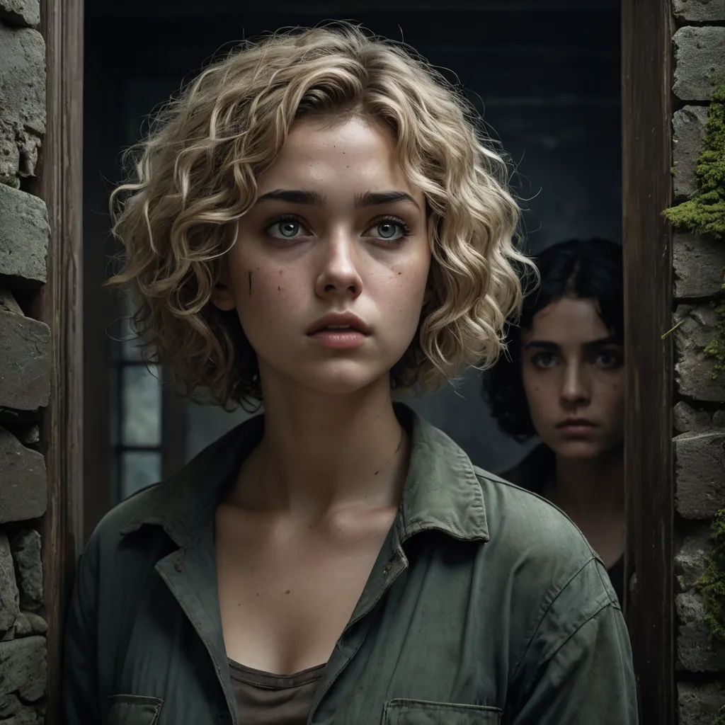 a woman with blonde hair standing in a doorway with another woman looking on from behind her and a brick wall behind her, antipodeans, a character portrait, Daphne Fedarb, promotional image