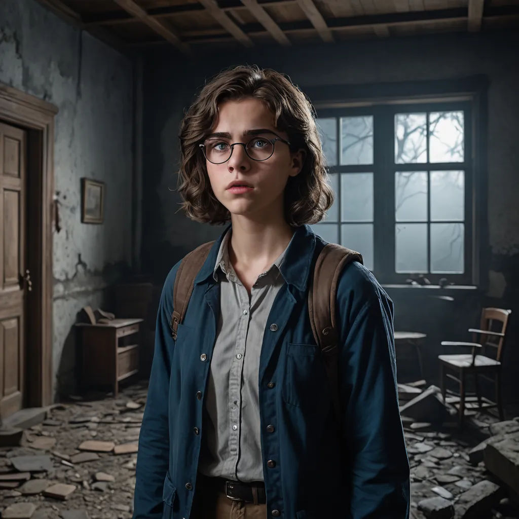 a young man with glasses standing in a room full of rubble and debris, looking at the camera, with a backpack on his shoulder, paris school, a character portrait, Daphne Fedarb, promotional image