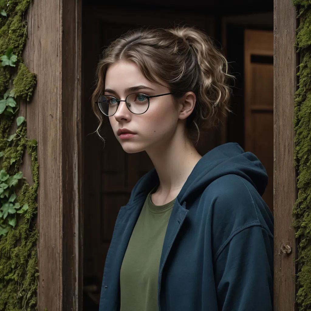 a woman with glasses standing in a doorway with a green wall behind her and a green plant growing on the wall, aestheticism, a character portrait, Claire Falkenstein, glasses