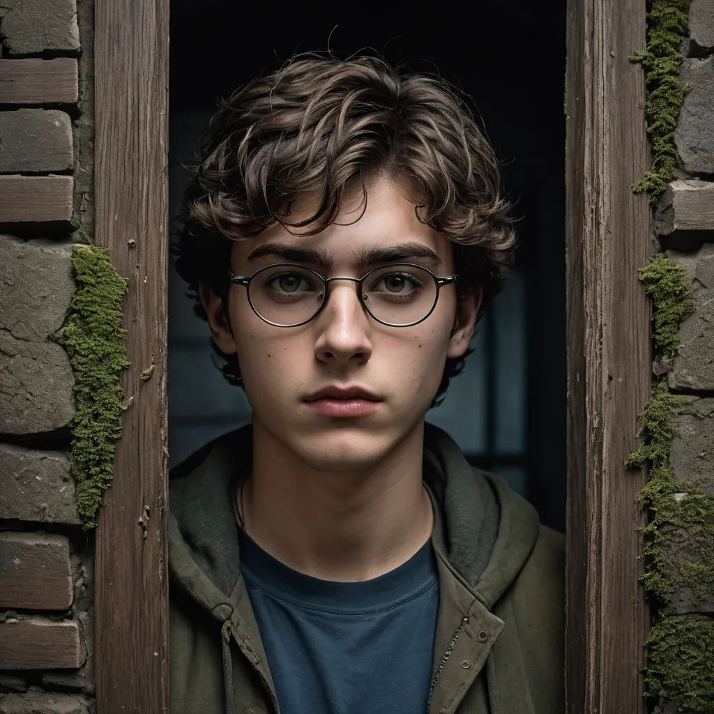 a young man with glasses looking out of a window with moss growing on the side of it and a brick wall behind him, aestheticism, a character portrait, David Budd, glasses