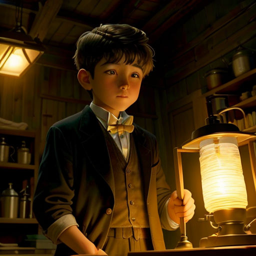 a boy in a suit holding a lamp in a room with shelves and shelves on the wall and a shelf with a lamp on it