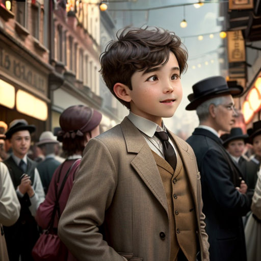 a boy in a suit and tie standing in front of a crowd of people in a street with a string of lights