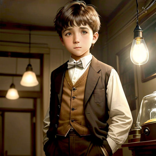 a young boy in a vest and bow tie standing in a room with a light bulb hanging from the ceiling