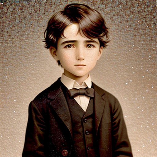 a young boy in a suit and bow tie standing in front of a backdrop of stars and sparkles