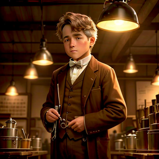 a boy in a suit holding a pair of scissors in a kitchen with lights on the ceiling and pots on the counter