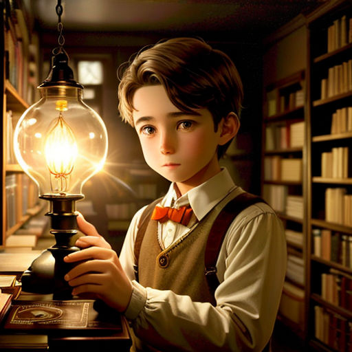 a boy holding a light bulb in a library with bookshelves behind him and a bookcase behind him