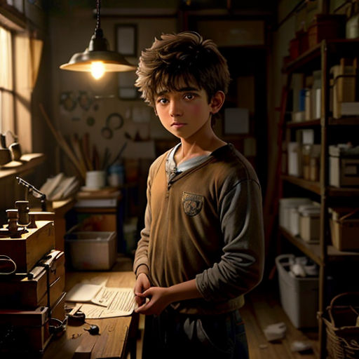 a boy standing in a room with a lamp and a desk in front of him and a lamp hanging from the ceiling