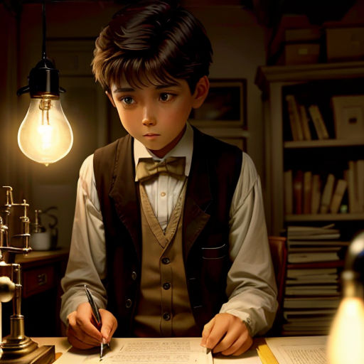 a boy in a vest writing on a piece of paper with a light bulb above him and a lamp on the desk