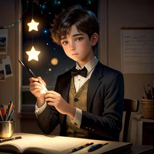 a boy in a suit holding a pen and writing on a paper in front of a desk with a star shaped light
