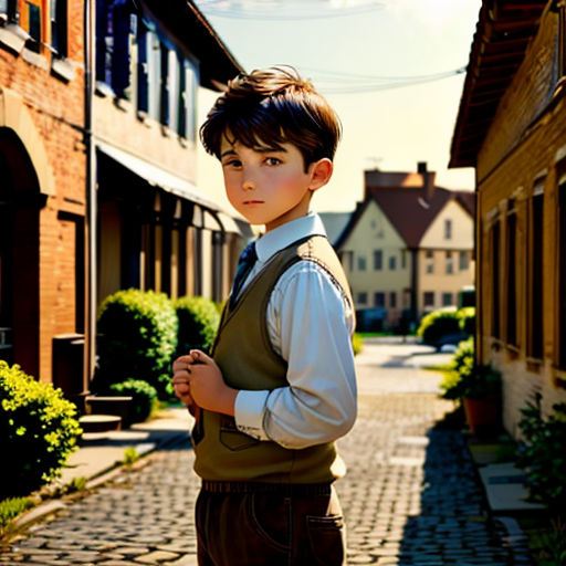 a young boy standing on a brick street in front of a building with a clock tower in the background